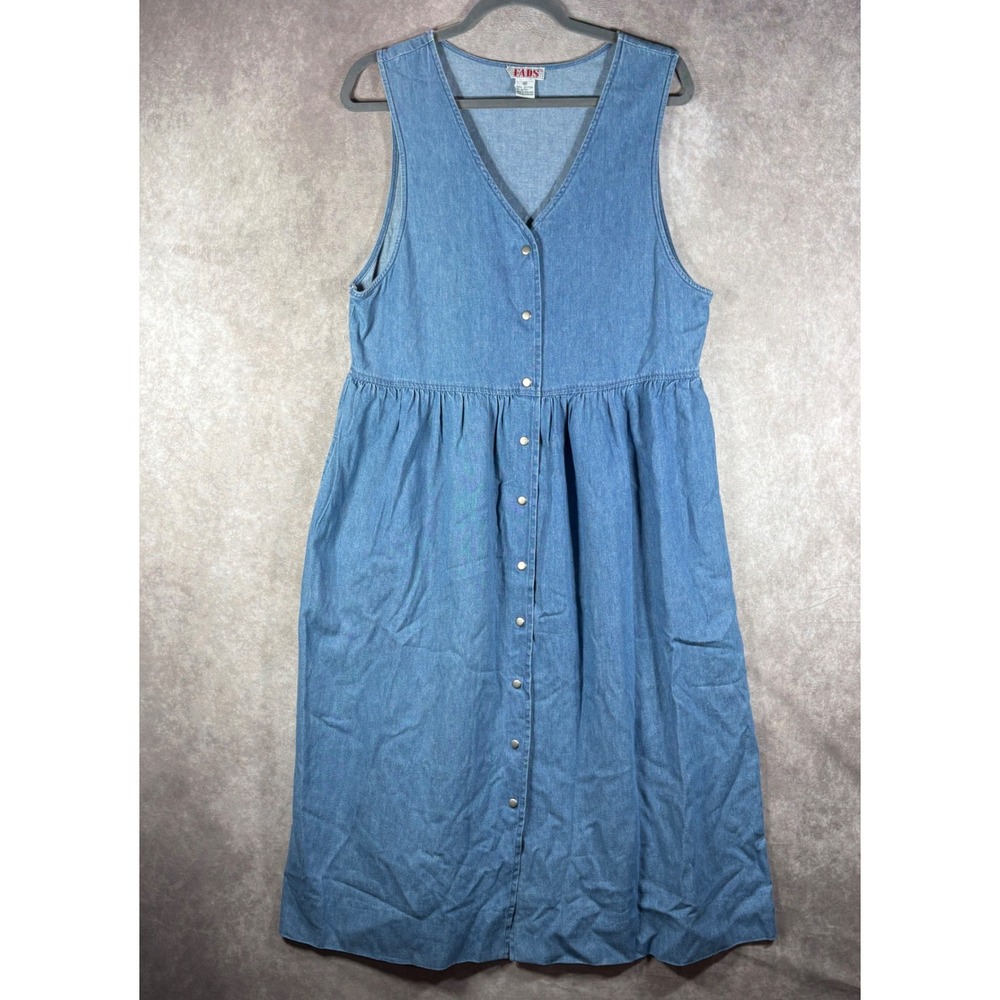 FADS Denim Dress Womens M Blue Button Front Midi Sleeveless Pockets Cottagecore